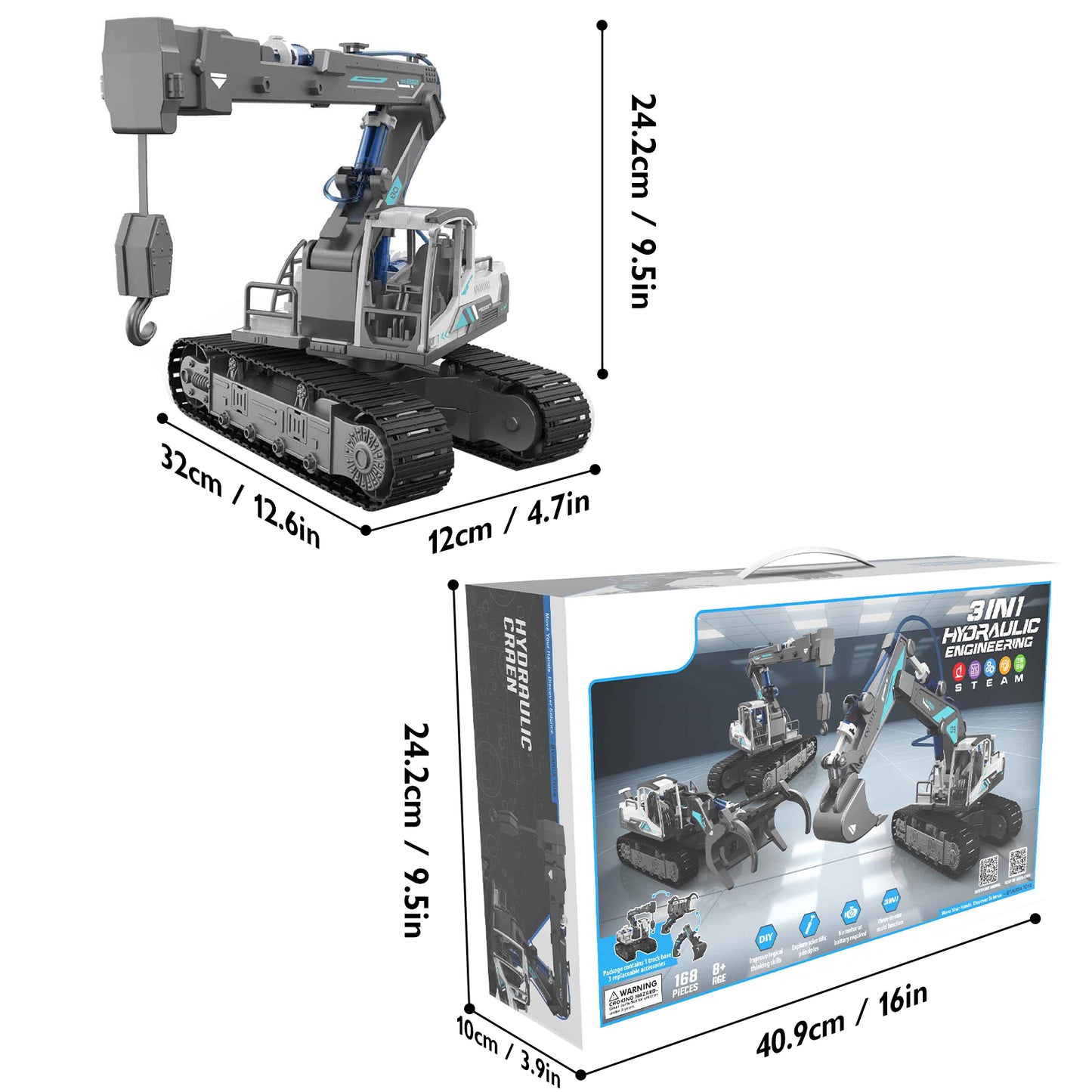 PUPWER STEM Hydraulic Construction Vehicles - Building Toys for Kids, Includes Excavator, Crane, Wood Loader - Ages 8-12 Boys