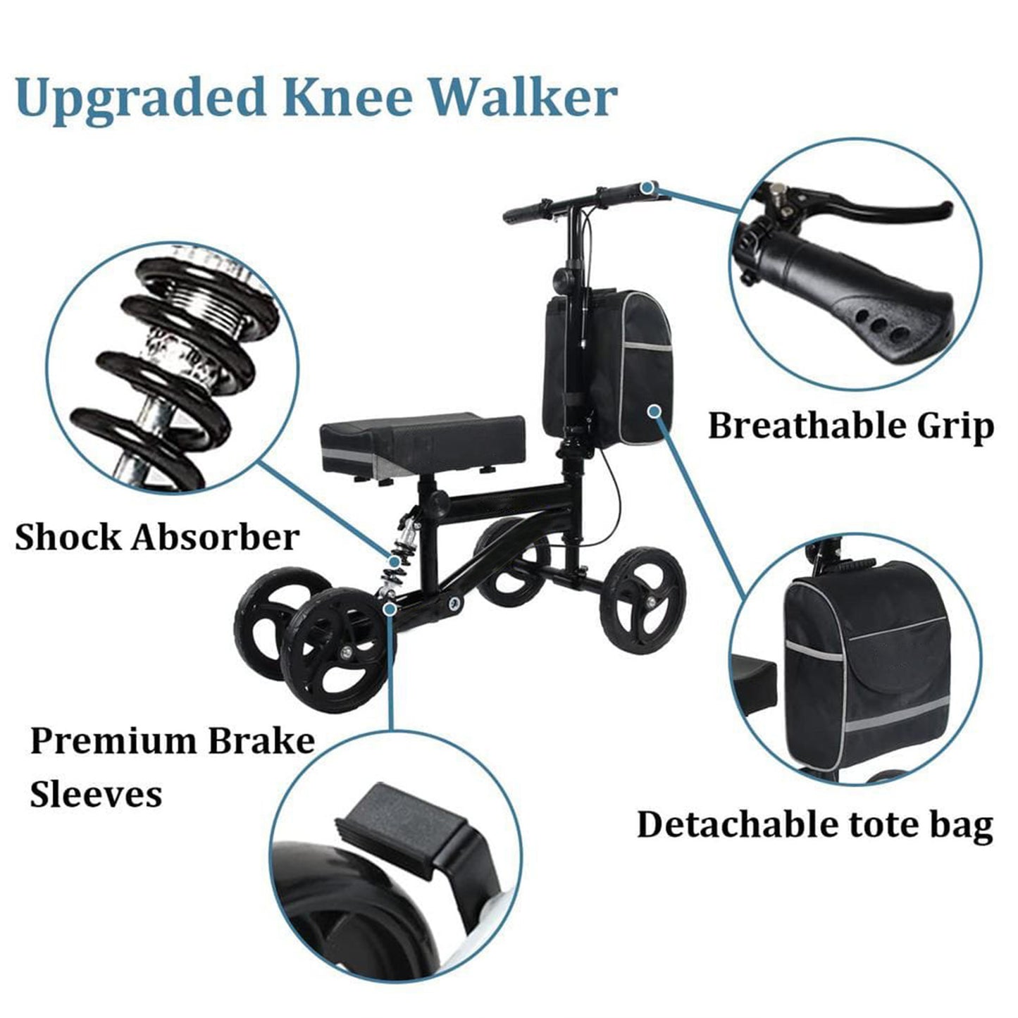 PUPWER Knee Scooter Steerable Knee Walker for Foot Injuries Compact Crutch Alternative with Dual Braking System (Black)
