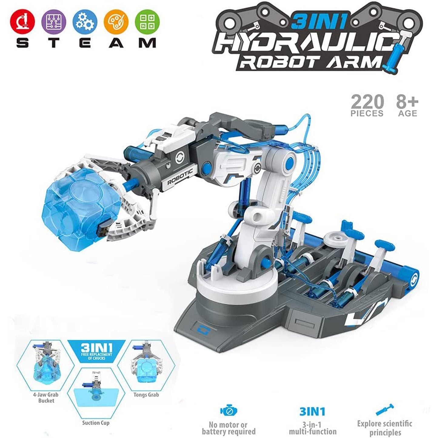PUPWER 3 in 1 Hydraulic Arm Kit - Robotic Arm Engineering Kit - STEM Science Toys for Kids - DIY Projects - Ages 8-12