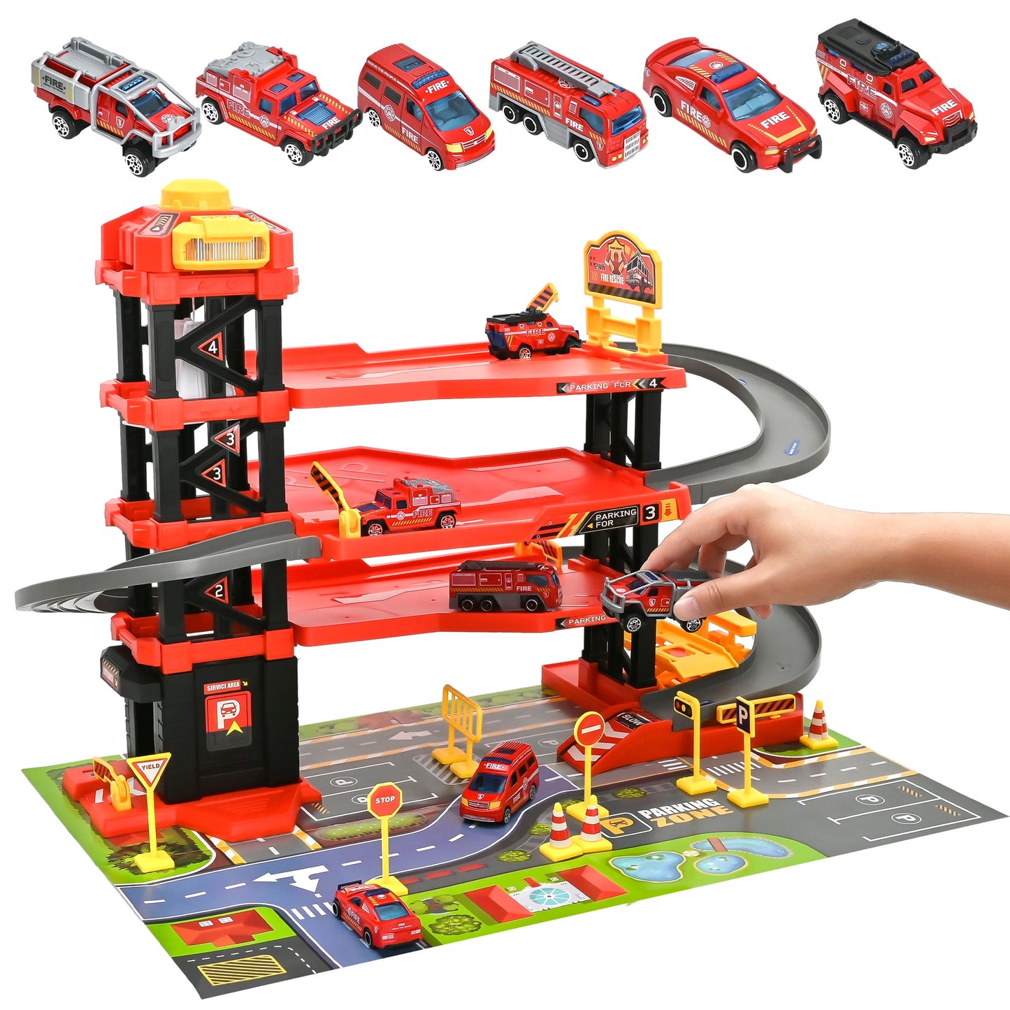 PUPWER Kids Garage Toy Set, Toy Vehicle Garage for Toddlers, Race Car Ramp Track Toy, Parking Garage Playset Toy with Play Mat 6 Alloy Cars ,Gift for 3 + Boys and Girls as Christmas,Halloween,Easter