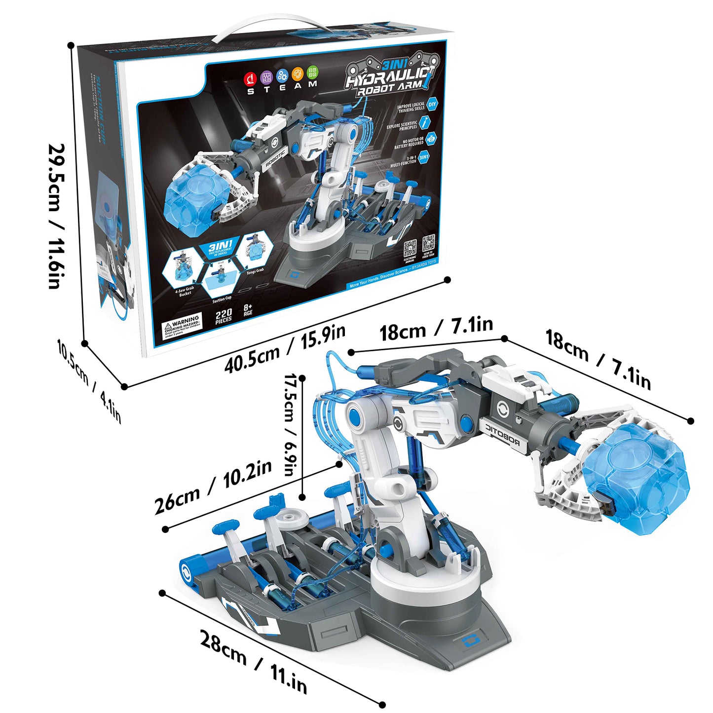 PUPWER 3 in 1 Hydraulic Arm Kit - Robotic Arm Engineering Kit - STEM Science Toys for Kids - DIY Projects - Ages 8-12