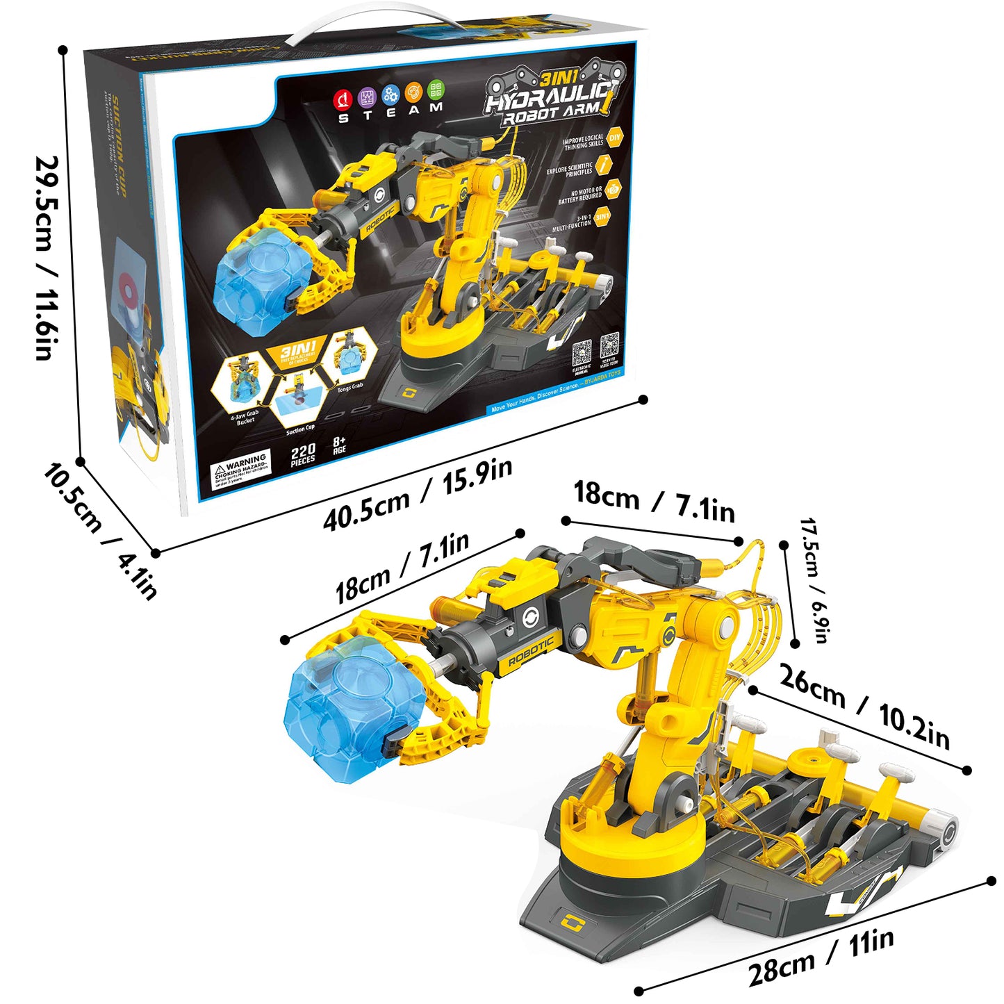 PUPWER 3 in 1 Hydraulic Arm Kit - Robotic Arm Engineering Kit - STEM Science Toys for Kids - DIY Projects - Ages 8-12