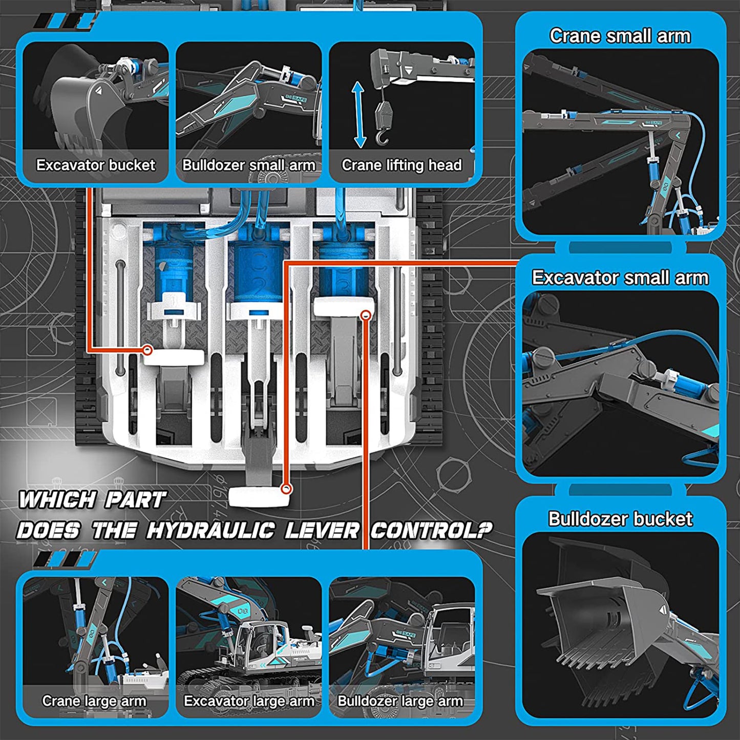 PUPWER STEM Hydraulic Construction Vehicles - Building Toys for Kids, Includes Excavator, Crane, Wood Loader - Ages 8-12 Boys