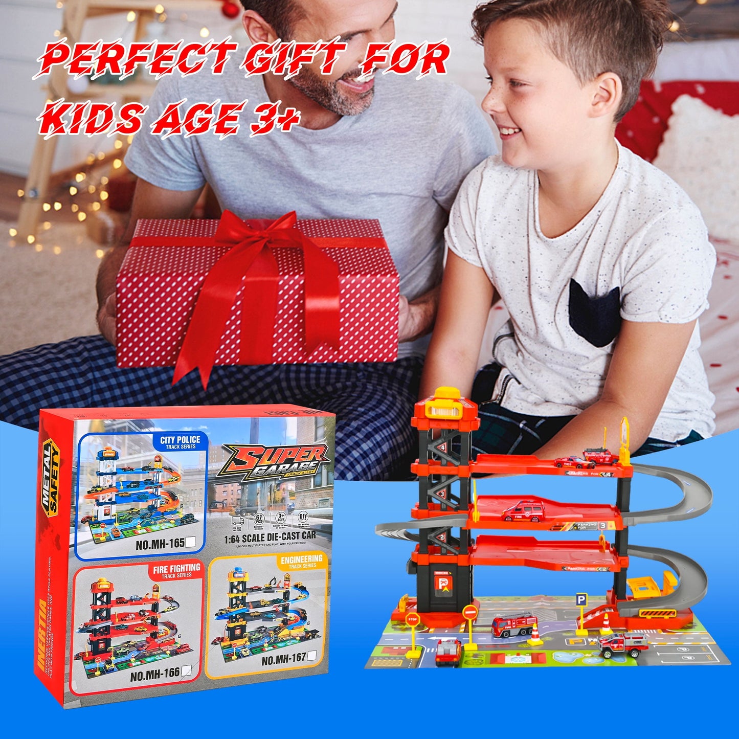PUPWER Kids Garage Toy Set, Toy Vehicle Garage for Toddlers, Race Car Ramp Track Toy, Parking Garage Playset Toy with Play Mat 6 Alloy Cars ,Gift for 3 + Boys and Girls as Christmas,Halloween,Easter