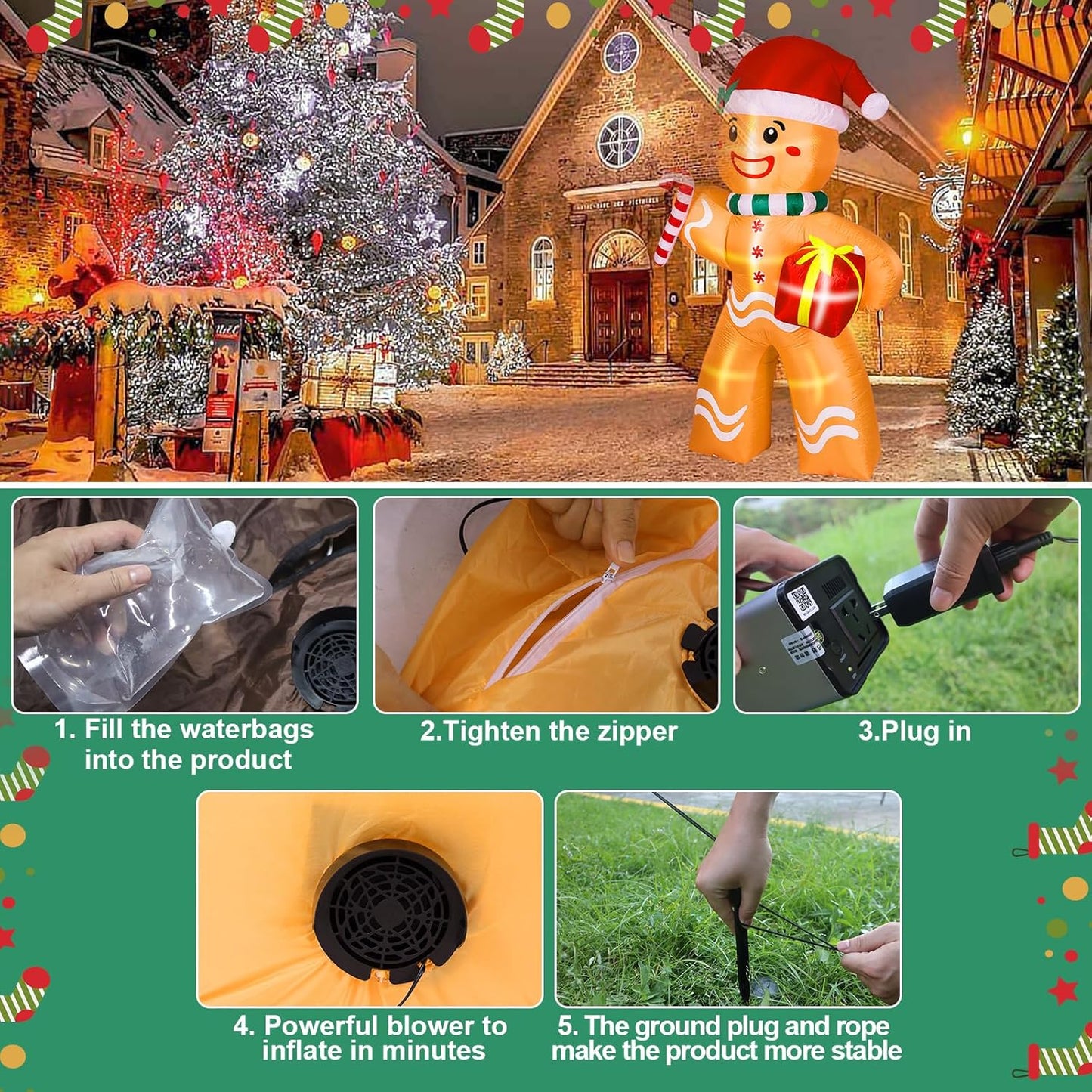 PUPWER 8FT Christmas Inflatable Gingerbread Man Decorations, Blow Up Yard Decoration with Built-in LED Lights Xmas Party Indoor Outdoor Decor for Lawn Garden