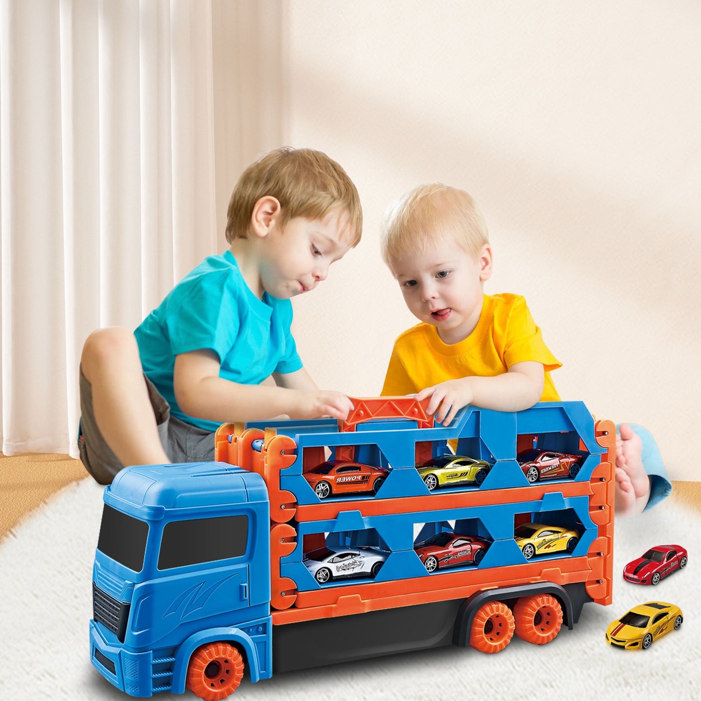 PUPWER Car Transporter Truck Toy Set, Mega Hauler Carrier Trucks with 65 inch Ejection Race Track and 8PCS Metal Racing Cars for 3 4 5 6 7 8 Years Old Kids Boys Gift