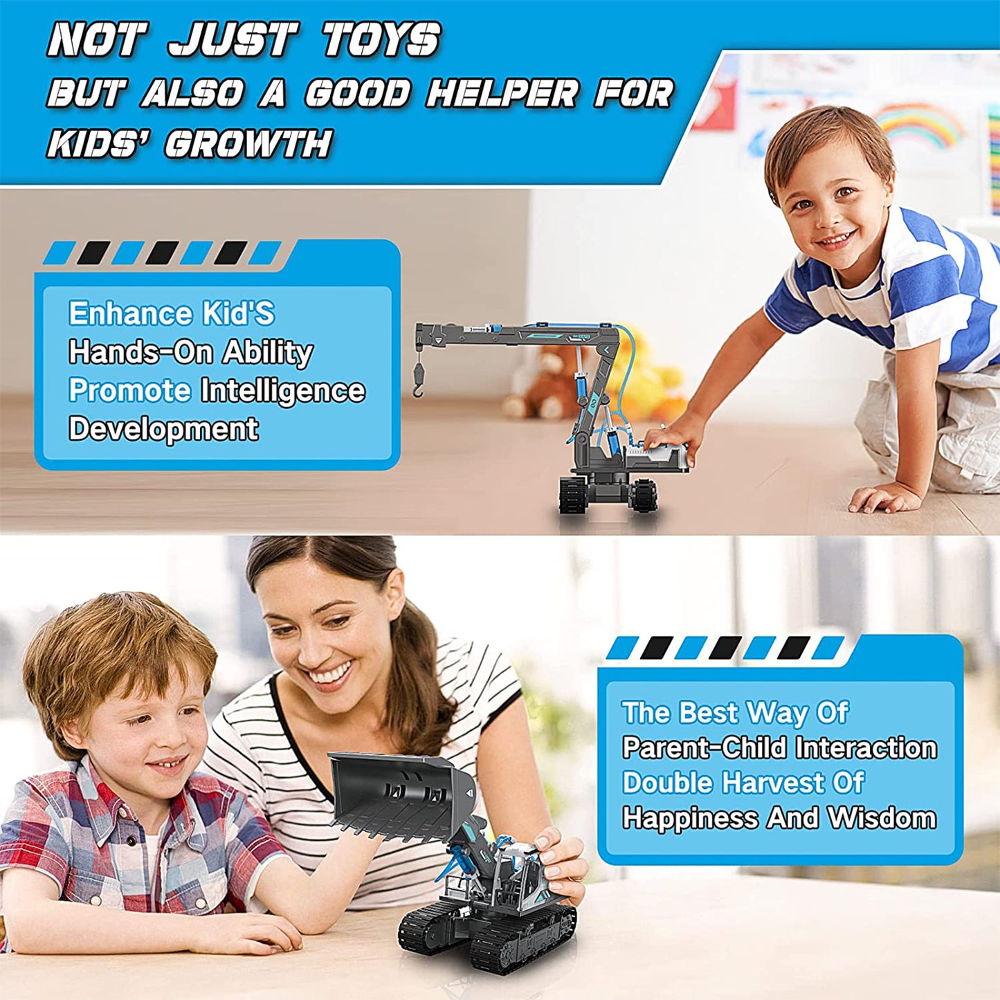 PUPWER STEM Hydraulic Construction Vehicles - Building Toys for Kids, Includes Excavator, Crane, Wood Loader - Ages 8-12 Boys