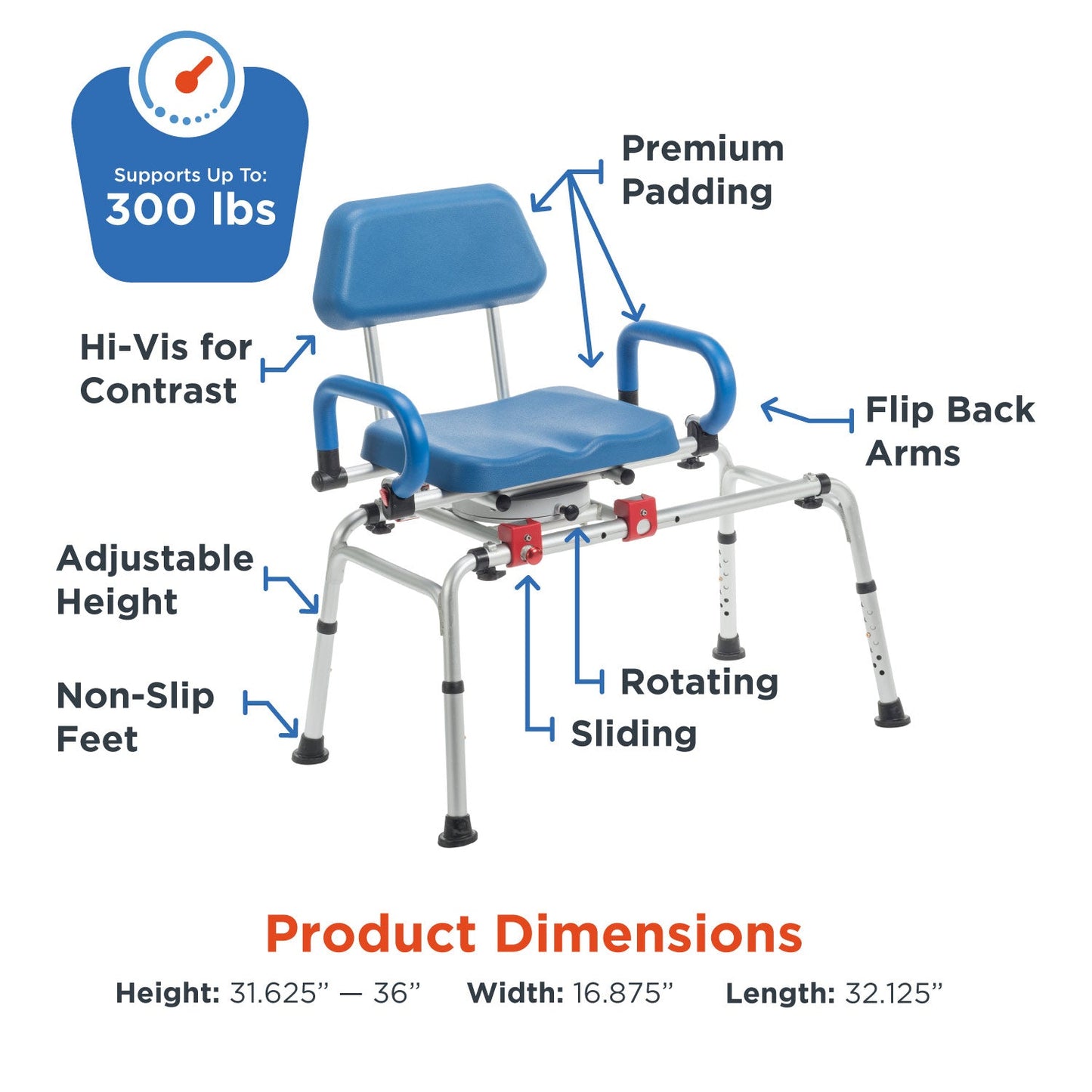 PUPWER Sliding Tub Transfer Bench with 360 Degree Swivel Seat Safety Belt Height Adjustable Bath Chair for Elderly Disabled