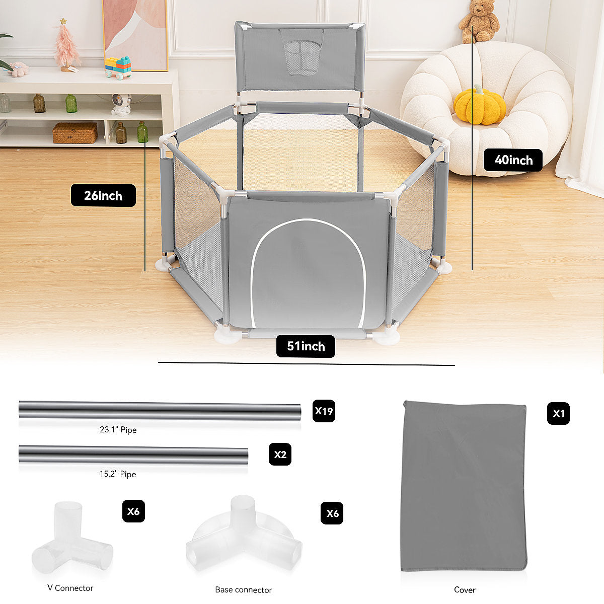 PUPWER 50" Baby Playpen Playard Indoor and Outdoor Kids Toddler Activity Center