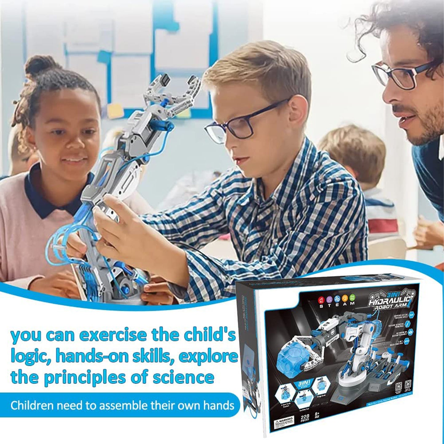 PUPWER 3 in 1 Hydraulic Arm Kit - Robotic Arm Engineering Kit - STEM Science Toys for Kids - DIY Projects - Ages 8-12