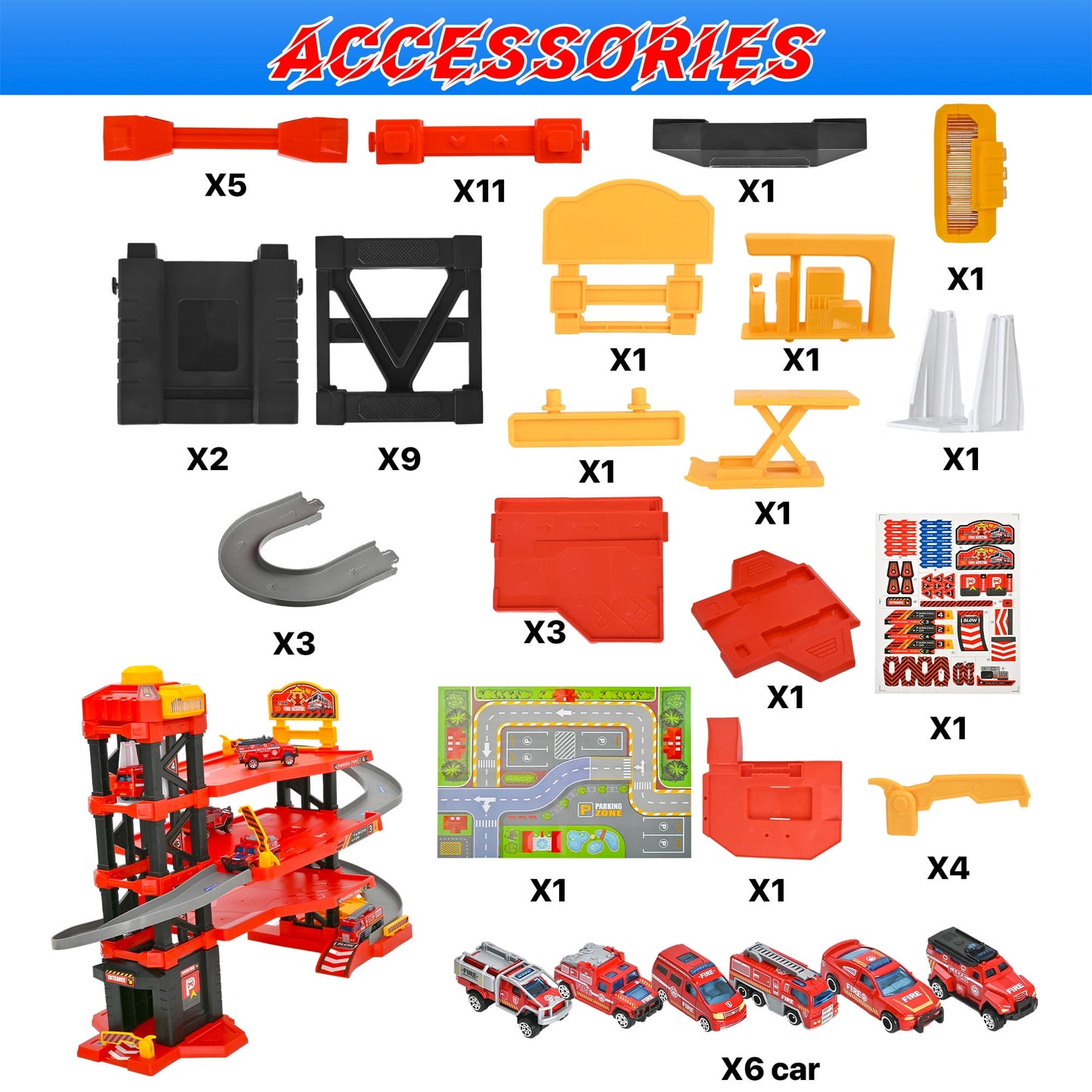 PUPWER Kids Garage Toy Set, Toy Vehicle Garage for Toddlers, Race Car Ramp Track Toy, Parking Garage Playset Toy with Play Mat 6 Alloy Cars ,Gift for 3 + Boys and Girls as Christmas,Halloween,Easter