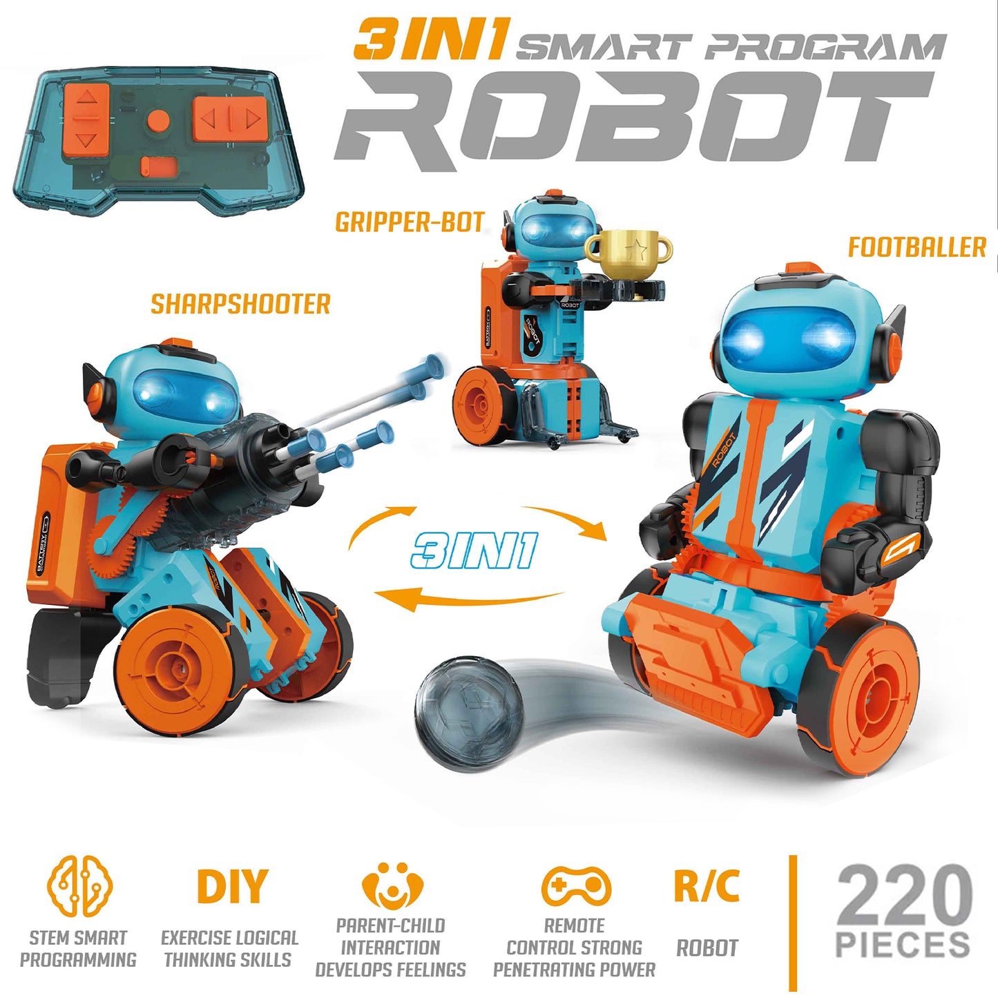 PUPWER 3 in 1 Robot Kit - STEM Science Toys for Kids 8-12 Years - 220 Pcs Building Blocks - Educational Robotics Set for Boys and Girls - Great Gift Idea
