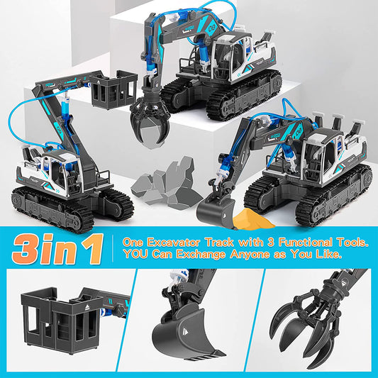 PUPWER 3-in-1 STEM Hydraulic Construction Vehicles - Building Toys for Kids - Includes Bulldozer, Grab, Fire Engine - Ages 8-12 Boys