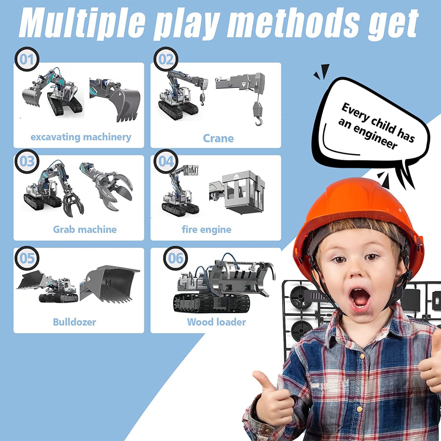 PUPWER 6 in 1 Building Hydraulic Construction Vehicles Toy Set - Excavator, Bulldozer, Crane, Grab, Fire Engine - STEM Toys for Boys Age 8-12