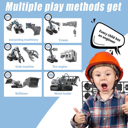 PUPWER 6 in 1 Building Hydraulic Construction Vehicles Toy Set - Excavator, Bulldozer, Crane, Grab, Fire Engine - STEM Toys for Boys Age 8-12
