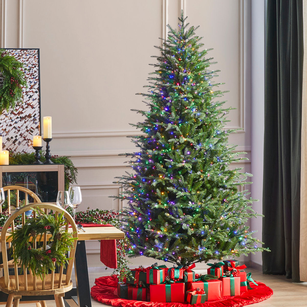 7.5FT Pre-Lit Green Full Fir Artificial Christmas Tree with Lights,Green Christmas Trees with 1200 Flocked Frosted Tips