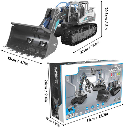 PUPWER 3-in-1 STEM Hydraulic Construction Vehicles - Building Toys for Kids - Includes Bulldozer, Grab, Fire Engine - Ages 8-12 Boys