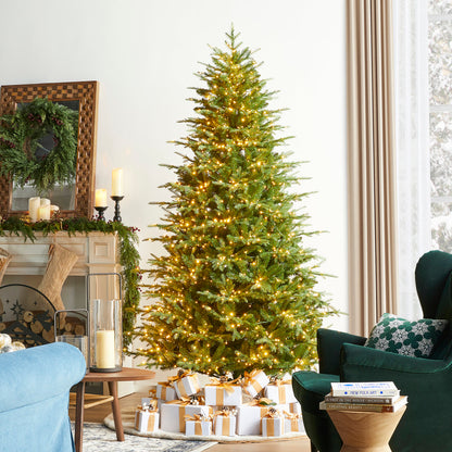 7.5FT Pre-Lit Green Full Fir Artificial Christmas Tree with Lights,Green Christmas Trees with 1200 Flocked Frosted Tips