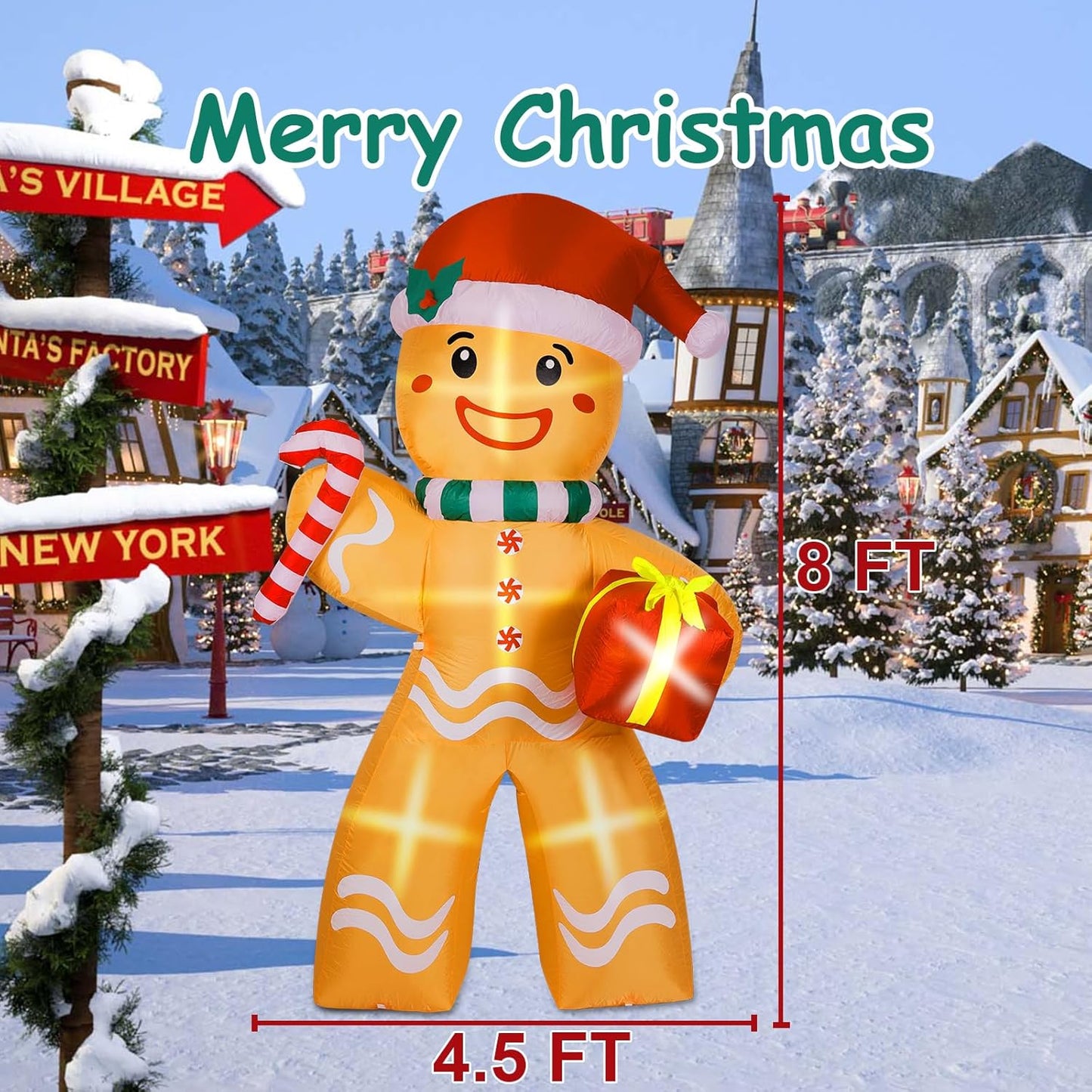 PUPWER 8FT Christmas Inflatable Gingerbread Man Decorations, Blow Up Yard Decoration with Built-in LED Lights Xmas Party Indoor Outdoor Decor for Lawn Garden