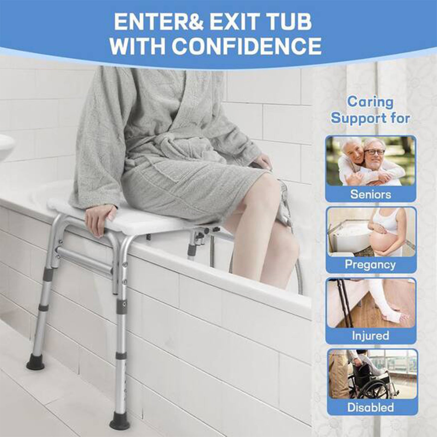PUPWER Transfer Bench For Bathtub Height Adjustable Shower With Backrest Seat Chair Bath Seniors Arm Support 400 Weight Cap