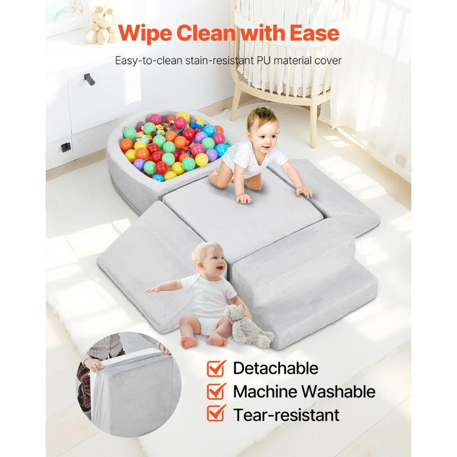 PUPWER Crystal Velvet Foam Climbing Toys Blocks Set, 5 Piece Modular Playset for Kids,Gray