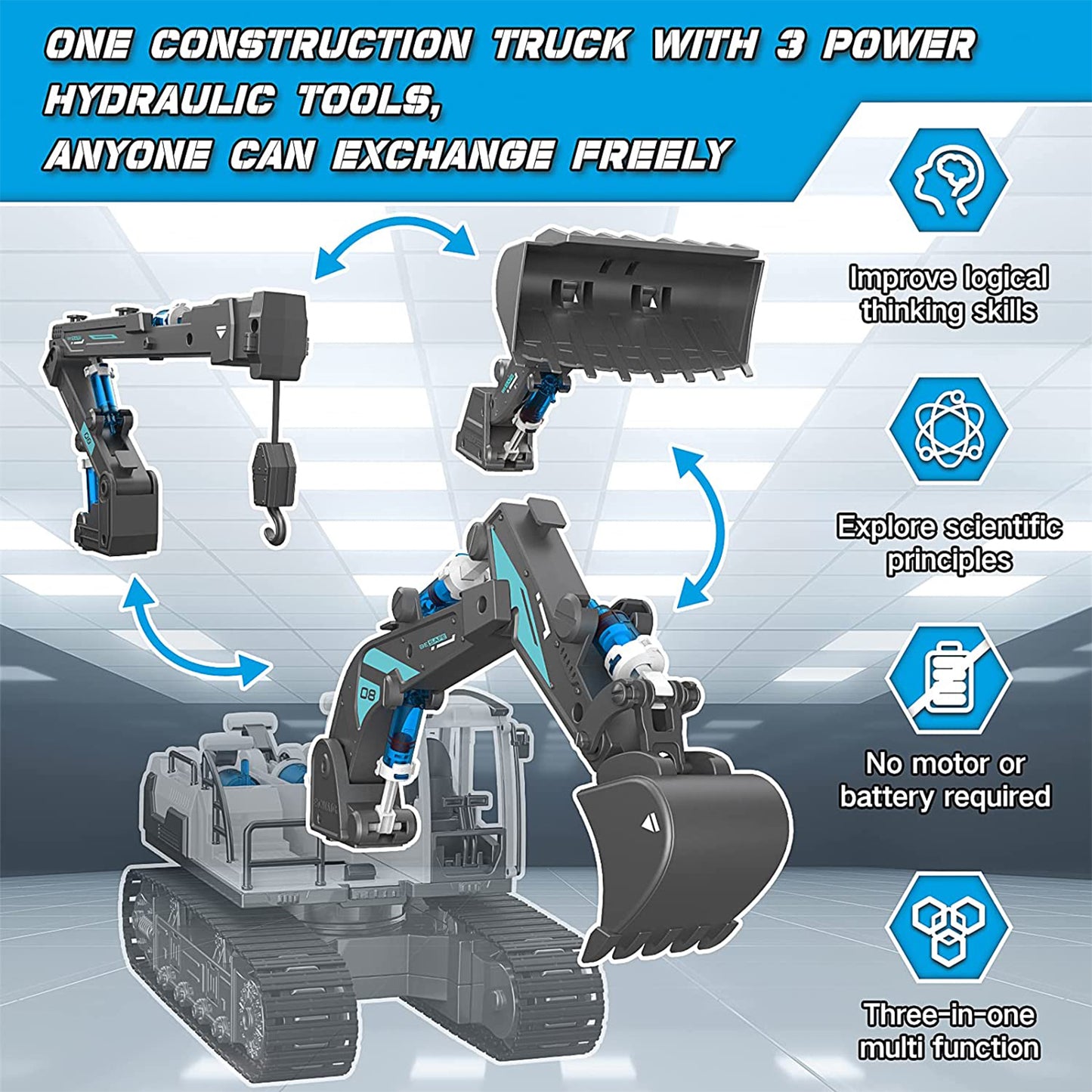 PUPWER STEM Hydraulic Construction Vehicles - Building Toys for Kids, Includes Excavator, Crane, Wood Loader - Ages 8-12 Boys