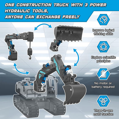 PUPWER STEM Hydraulic Construction Vehicles - Building Toys for Kids, Includes Excavator, Crane, Wood Loader - Ages 8-12 Boys