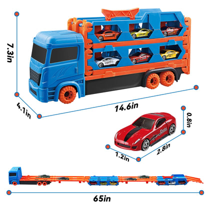 PUPWER Car Transporter Truck Toy Set, Mega Hauler Carrier Trucks with 65 inch Ejection Race Track and 8PCS Metal Racing Cars for 3 4 5 6 7 8 Years Old Kids Boys Gift