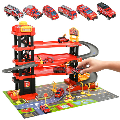 PUPWER Kids Garage Toy Set, Toy Vehicle Garage for Toddlers, Race Car Ramp Track Toy, Parking Garage Playset Toy with Play Mat 6 Alloy Cars ,Gift for 3 + Boys and Girls as Christmas,Halloween,Easter