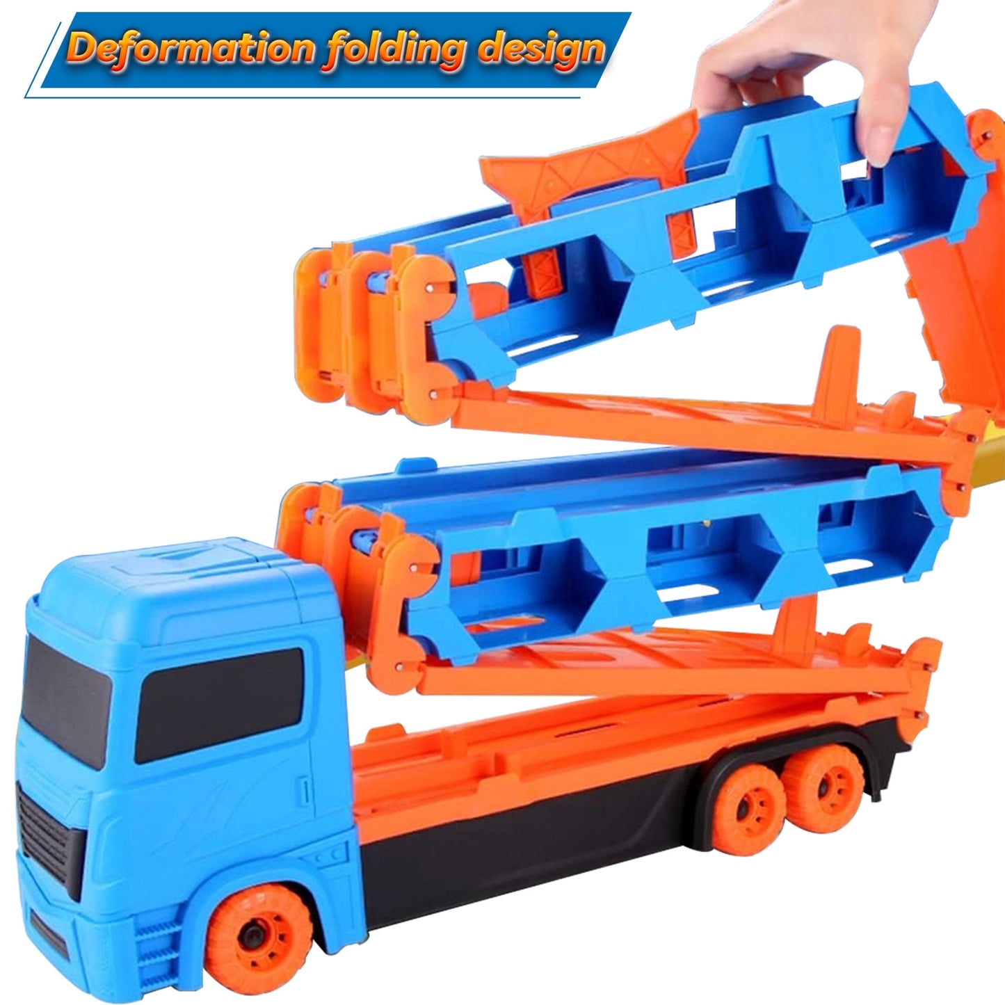 PUPWER Car Transporter Truck Toy Set, Mega Hauler Carrier Trucks with 65 inch Ejection Race Track and 8PCS Metal Racing Cars for 3 4 5 6 7 8 Years Old Kids Boys Gift