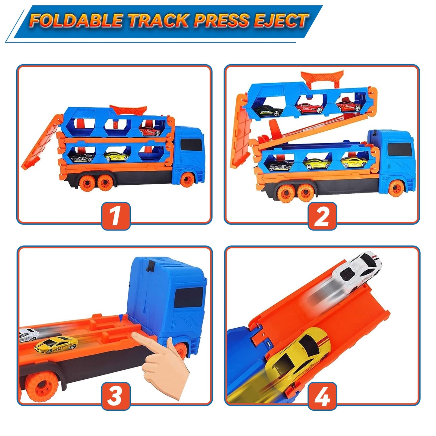 PUPWER Car Transporter Truck Toy Set, Mega Hauler Carrier Trucks with 65 inch Ejection Race Track and 8PCS Metal Racing Cars for 3 4 5 6 7 8 Years Old Kids Boys Gift