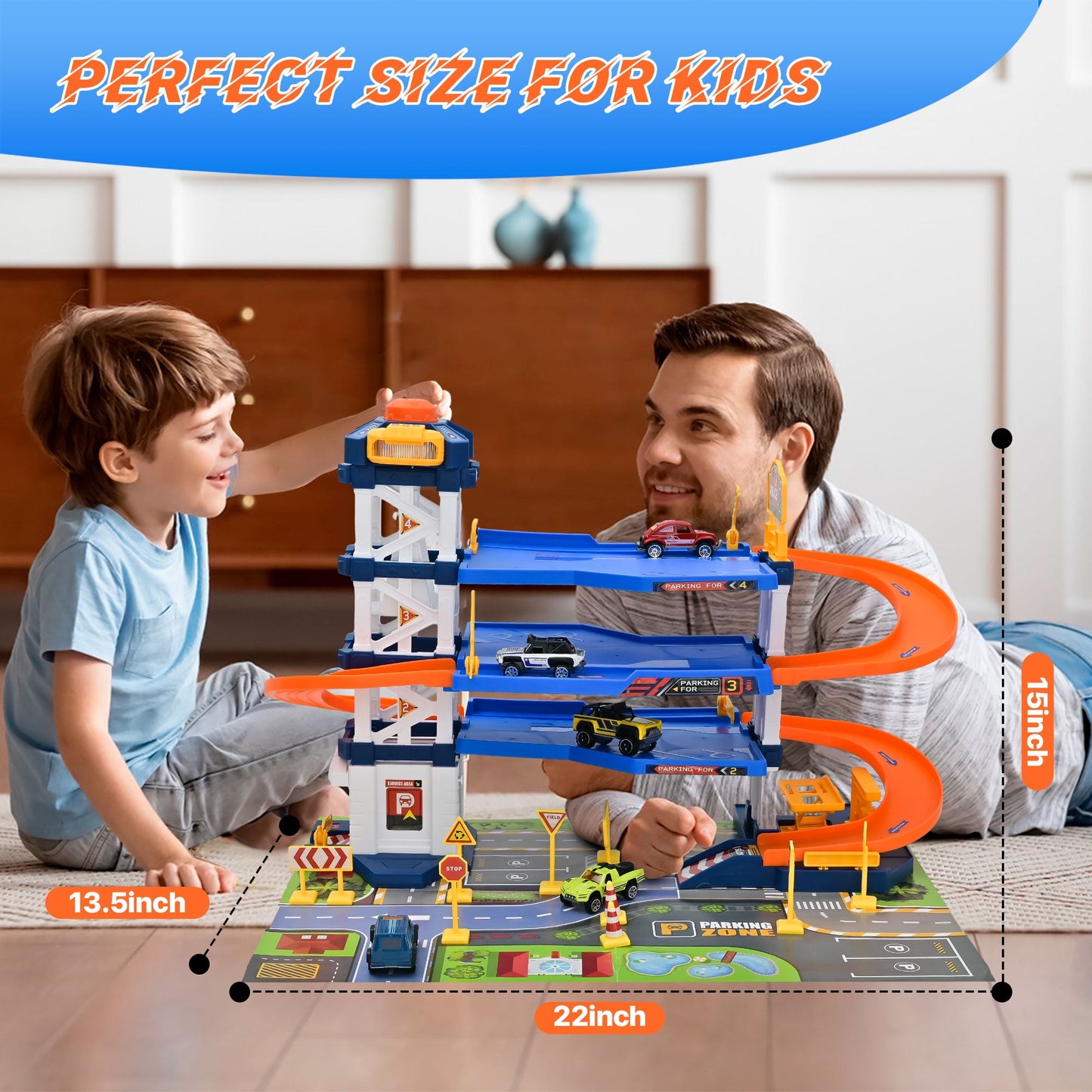 PUPWER Kids Garage Toy Set, Toy Vehicle Garage for Toddlers, Race Car Ramp Track Toy, Parking Garage Playset Toy with Play Mat 6 Alloy Cars ,Gift for 3 + Boys and Girls as Christmas,Halloween,Easter