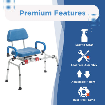 PUPWER Sliding Tub Transfer Bench with 360 Degree Swivel Seat Safety Belt Height Adjustable Bath Chair for Elderly Disabled