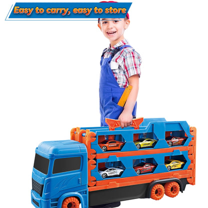 PUPWER Car Transporter Truck Toy Set, Mega Hauler Carrier Trucks with 65 inch Ejection Race Track and 8PCS Metal Racing Cars for 3 4 5 6 7 8 Years Old Kids Boys Gift