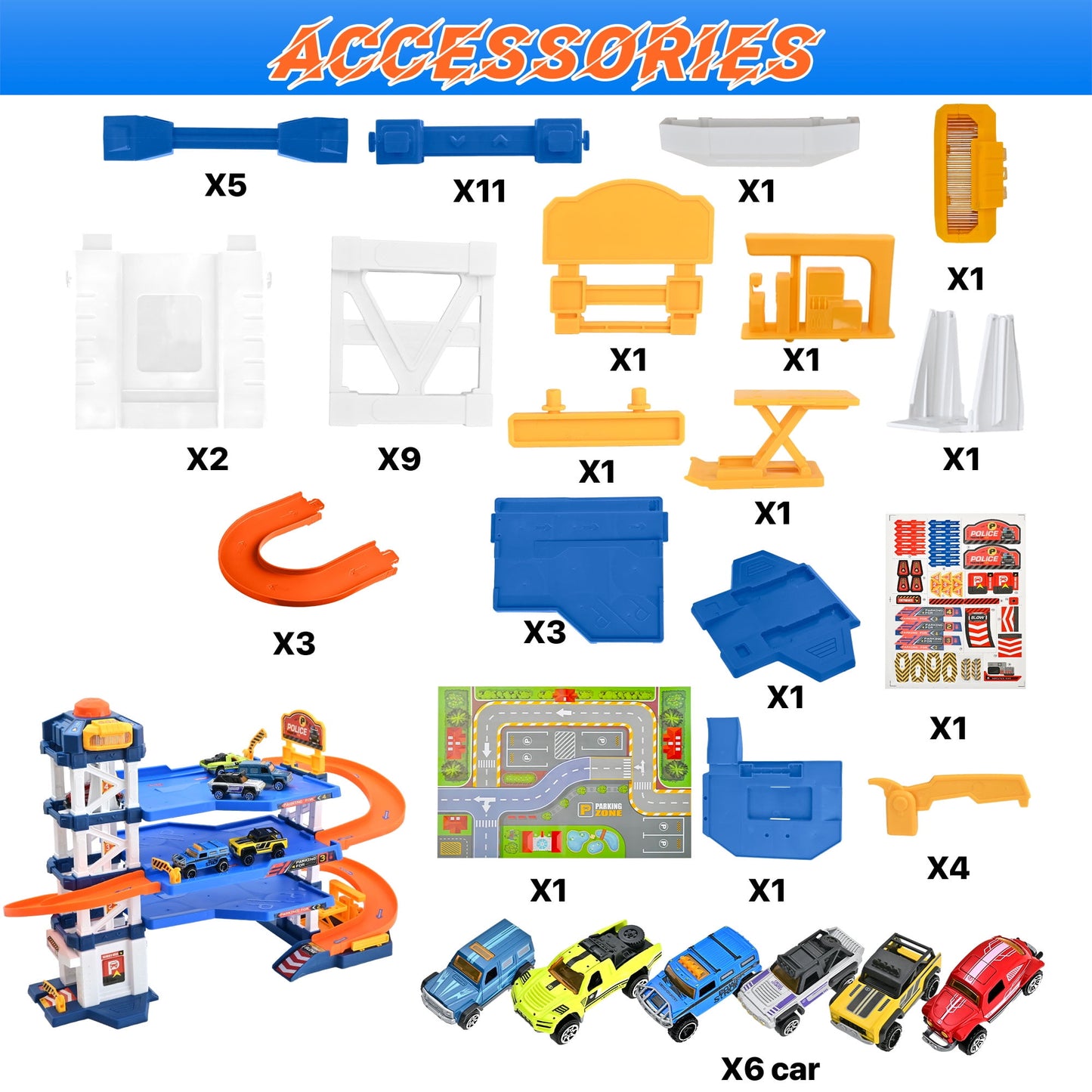 PUPWER Kids Garage Toy Set, Toy Vehicle Garage for Toddlers, Race Car Ramp Track Toy, Parking Garage Playset Toy with Play Mat 6 Alloy Cars ,Gift for 3 + Boys and Girls as Christmas,Halloween,Easter
