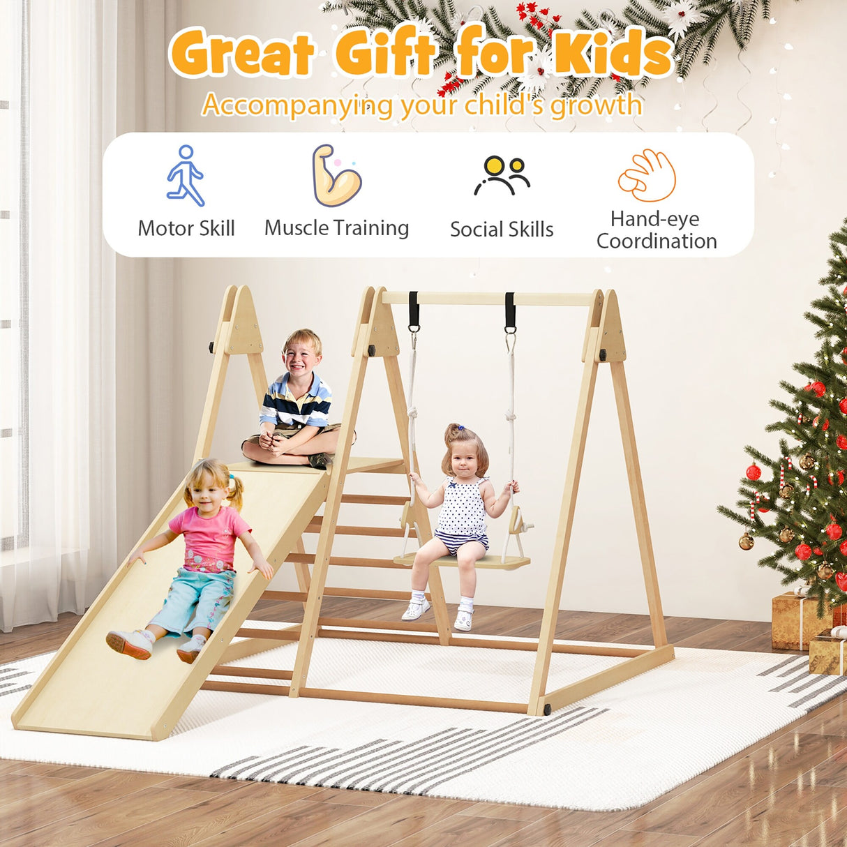 PUPWER 5-in-1 Kids Climbing Toy Indoor Playground Slide Climbing Rock Adjustable