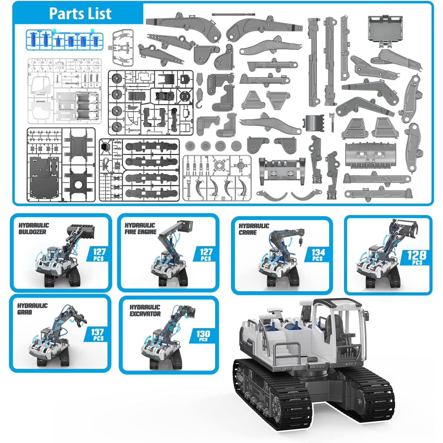 PUPWER 6 in 1 Building Hydraulic Construction Vehicles Toy Set - Excavator, Bulldozer, Crane, Grab, Fire Engine - STEM Toys for Boys Age 8-12