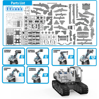 PUPWER 6 in 1 Building Hydraulic Construction Vehicles Toy Set - Excavator, Bulldozer, Crane, Grab, Fire Engine - STEM Toys for Boys Age 8-12