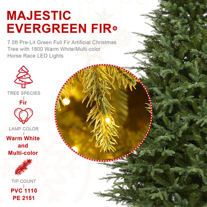 7.5FT Pre-Lit Green Full Fir Artificial Christmas Tree with Lights,Green Christmas Trees with 1200 Flocked Frosted Tips