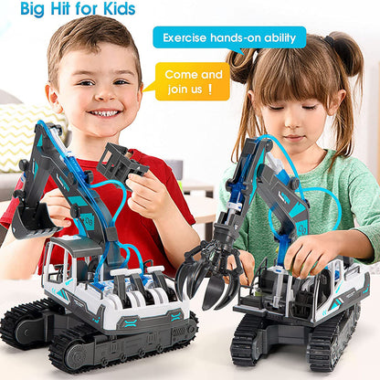 PUPWER 3-in-1 STEM Hydraulic Construction Vehicles - Building Toys for Kids - Includes Bulldozer, Grab, Fire Engine - Ages 8-12 Boys