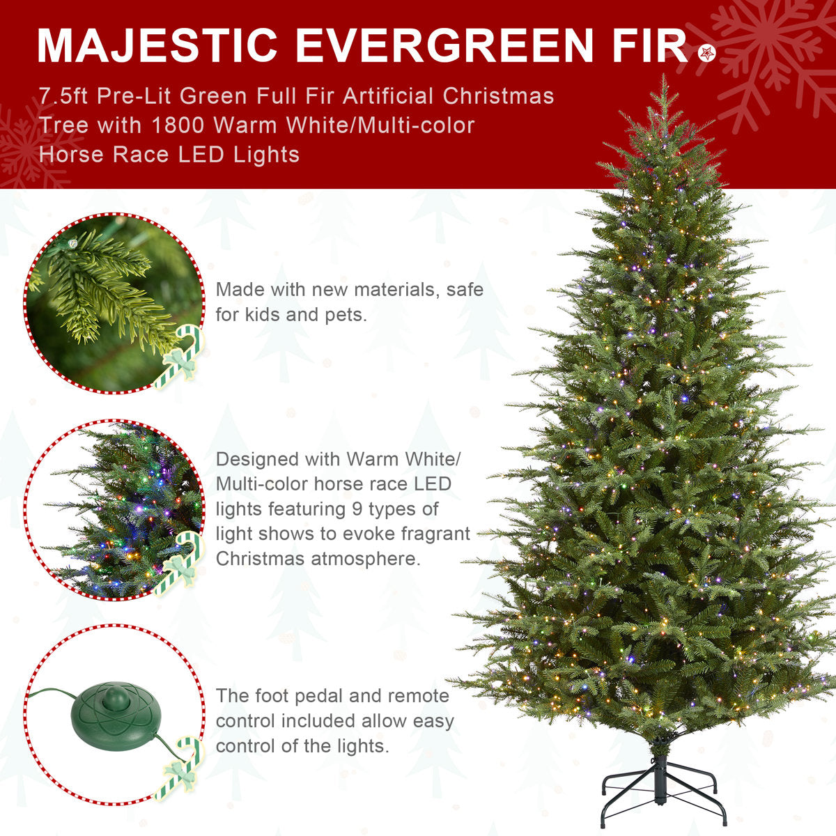 7.5FT Pre-Lit Green Full Fir Artificial Christmas Tree with Lights,Green Christmas Trees with 1200 Flocked Frosted Tips