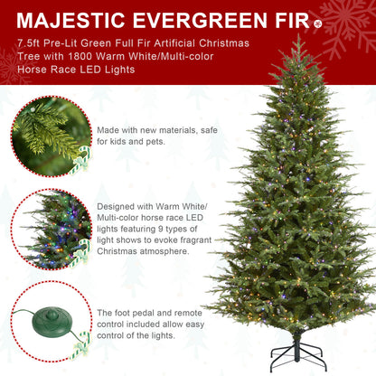 7.5FT Pre-Lit Green Full Fir Artificial Christmas Tree with Lights,Green Christmas Trees with 1200 Flocked Frosted Tips