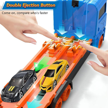 PUPWER Car Transporter Truck Toy Set, Mega Hauler Carrier Trucks with 65 inch Ejection Race Track and 8PCS Metal Racing Cars for 3 4 5 6 7 8 Years Old Kids Boys Gift