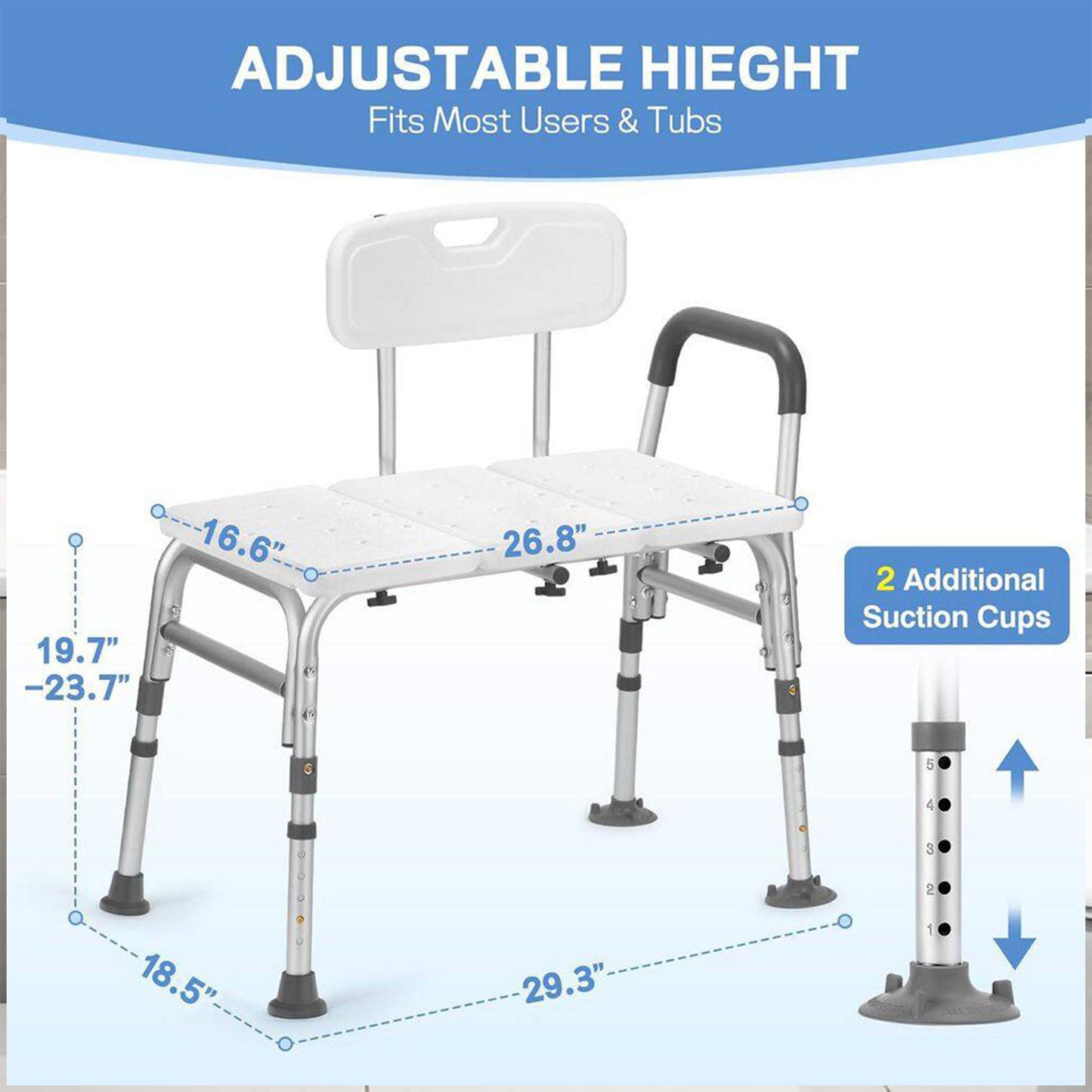 PUPWER Transfer Bench For Bathtub Height Adjustable Shower With Backrest Seat Chair Bath Seniors Arm Support 400 Weight Cap