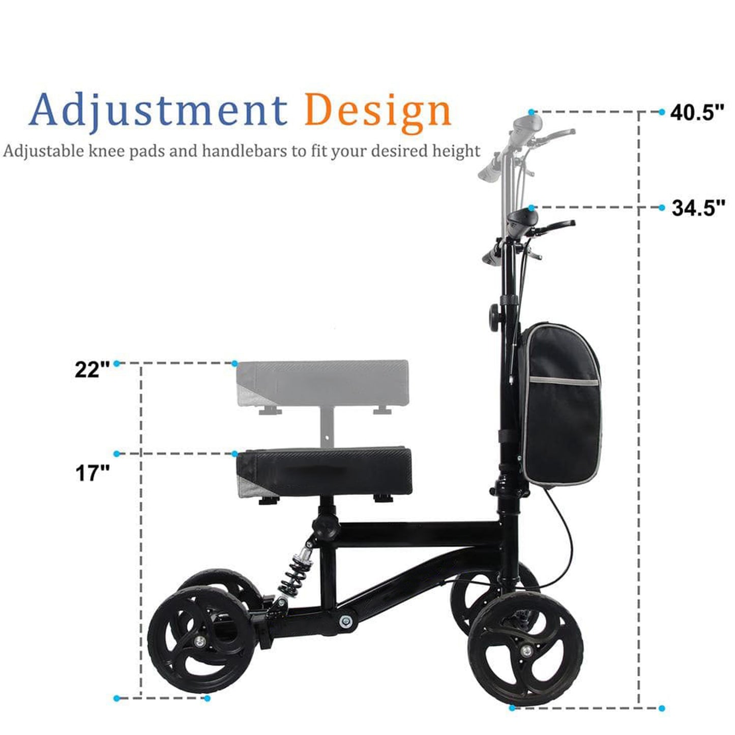 PUPWER Knee Scooter Steerable Knee Walker for Foot Injuries Compact Crutch Alternative with Dual Braking System (Black)