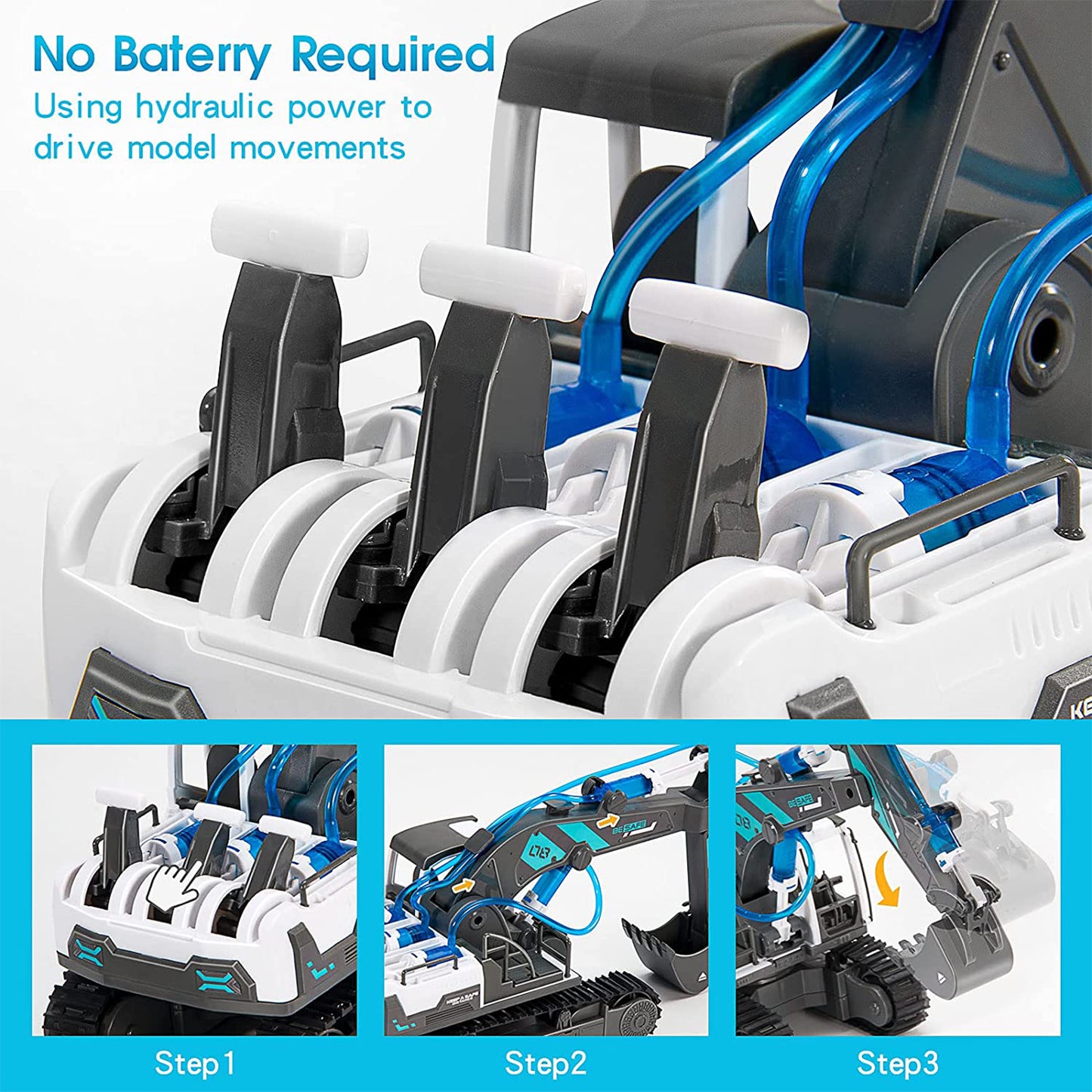 PUPWER 3-in-1 STEM Hydraulic Construction Vehicles - Building Toys for Kids - Includes Bulldozer, Grab, Fire Engine - Ages 8-12 Boys