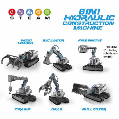 PUPWER 6 in 1 Building Hydraulic Construction Vehicles Toy Set - Excavator, Bulldozer, Crane, Grab, Fire Engine - STEM Toys for Boys Age 8-12