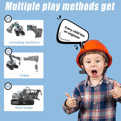 PUPWER STEM Hydraulic Construction Vehicles - Building Toys for Kids, Includes Excavator, Crane, Wood Loader - Ages 8-12 Boys
