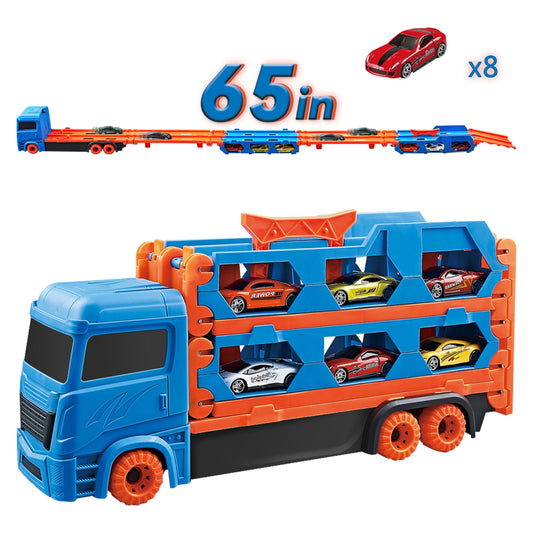 PUPWER Car Transporter Truck Toy Set, Mega Hauler Carrier Trucks with 65 inch Ejection Race Track and 8PCS Metal Racing Cars for 3 4 5 6 7 8 Years Old Kids Boys Gift
