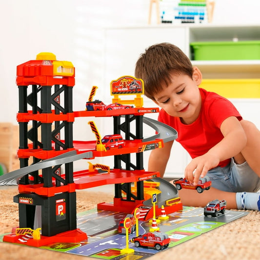 PUPWER Kids Garage Toy Set, Toy Vehicle Garage for Toddlers, Race Car Ramp Track Toy, Parking Garage Playset Toy with Play Mat 6 Alloy Cars ,Gift for 3 + Boys and Girls as Christmas,Halloween,Easter
